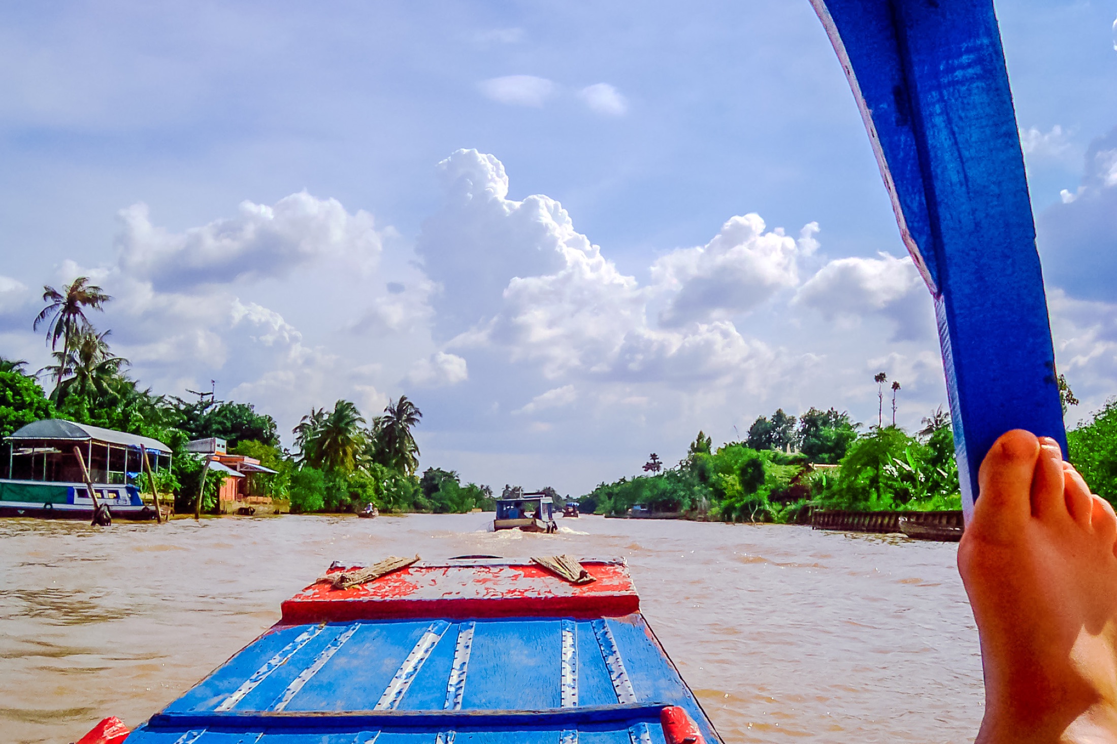 View from a boat on a Mekong delta channel with palm trees